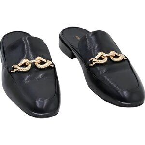 Tory Burch Black Leather Chain-Trim Mules with Gold Hardware